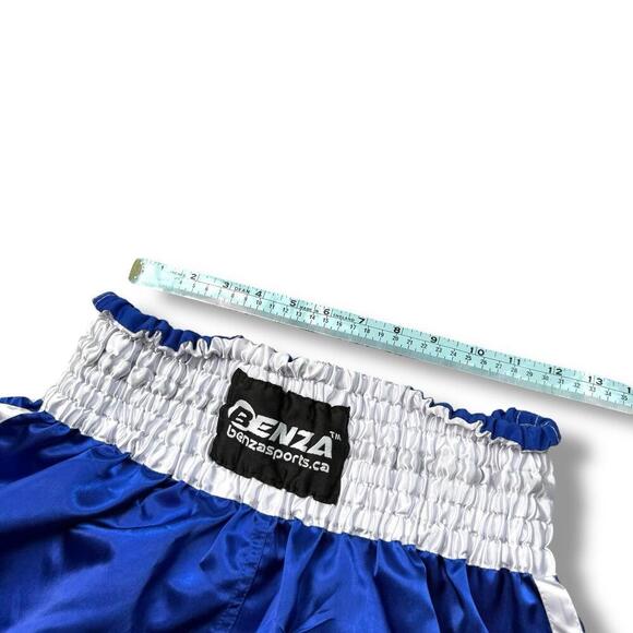 Benza Fight to End Blue Boxing Shorts SzL Polyester Satin Kickboxing Trunks Thai - Picture 6 of 8